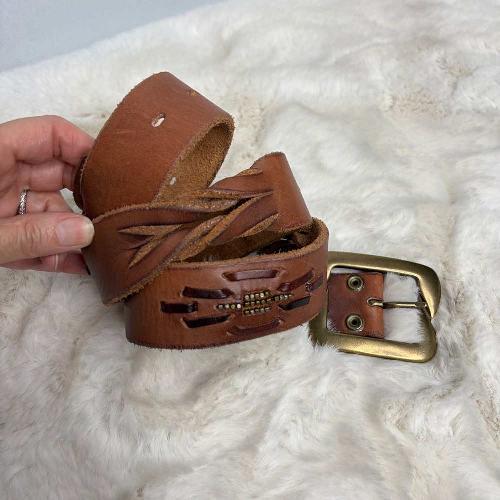 Lucky Brand Brown Leather Southwestern Braided Beaded Belt Large Boho Cowgirl